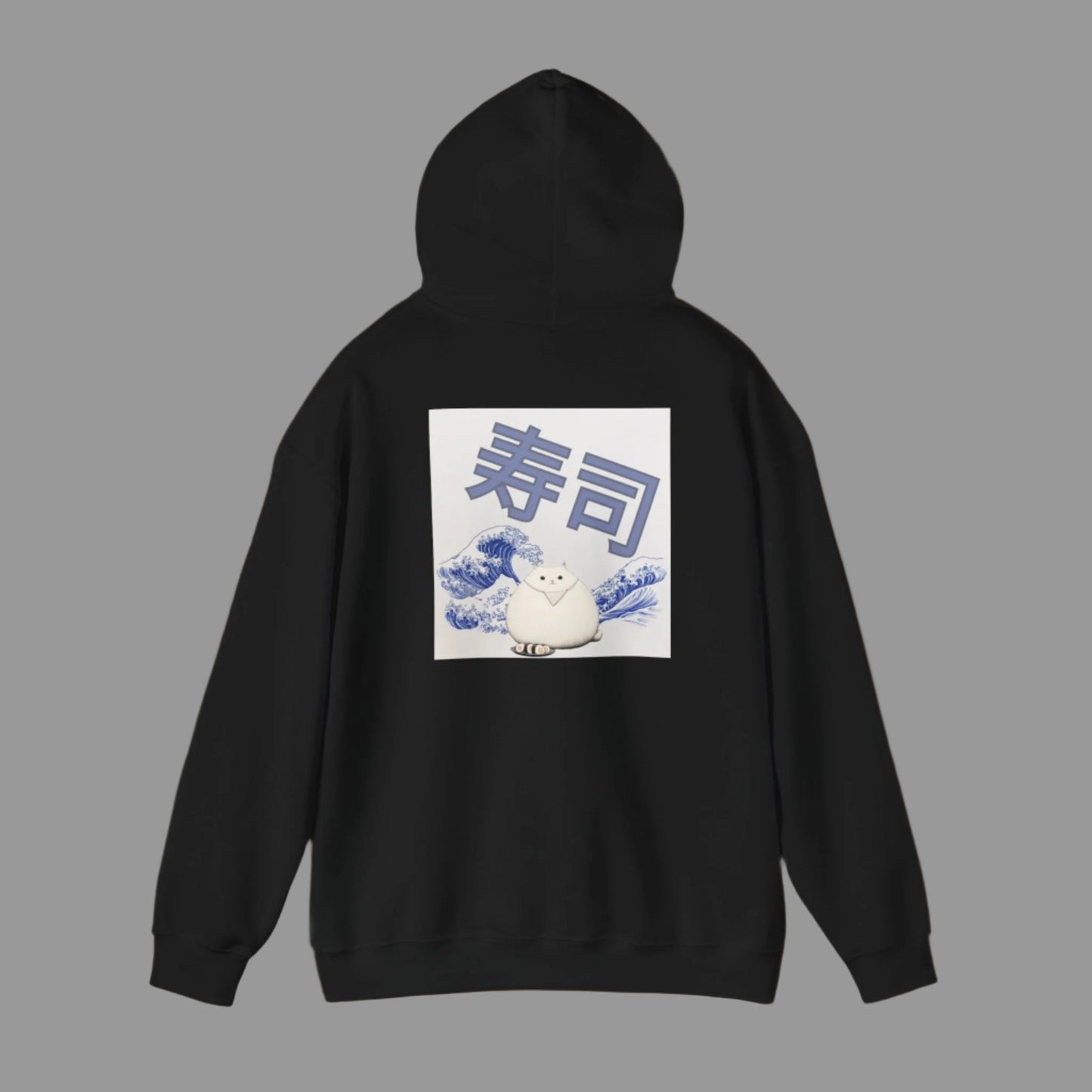 A person wearing a white hoodie with a graphic print of a cat and Japanese characters on the back.