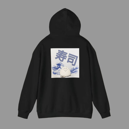 A person wearing a white hoodie with a graphic print of a cat and Japanese characters on the back.