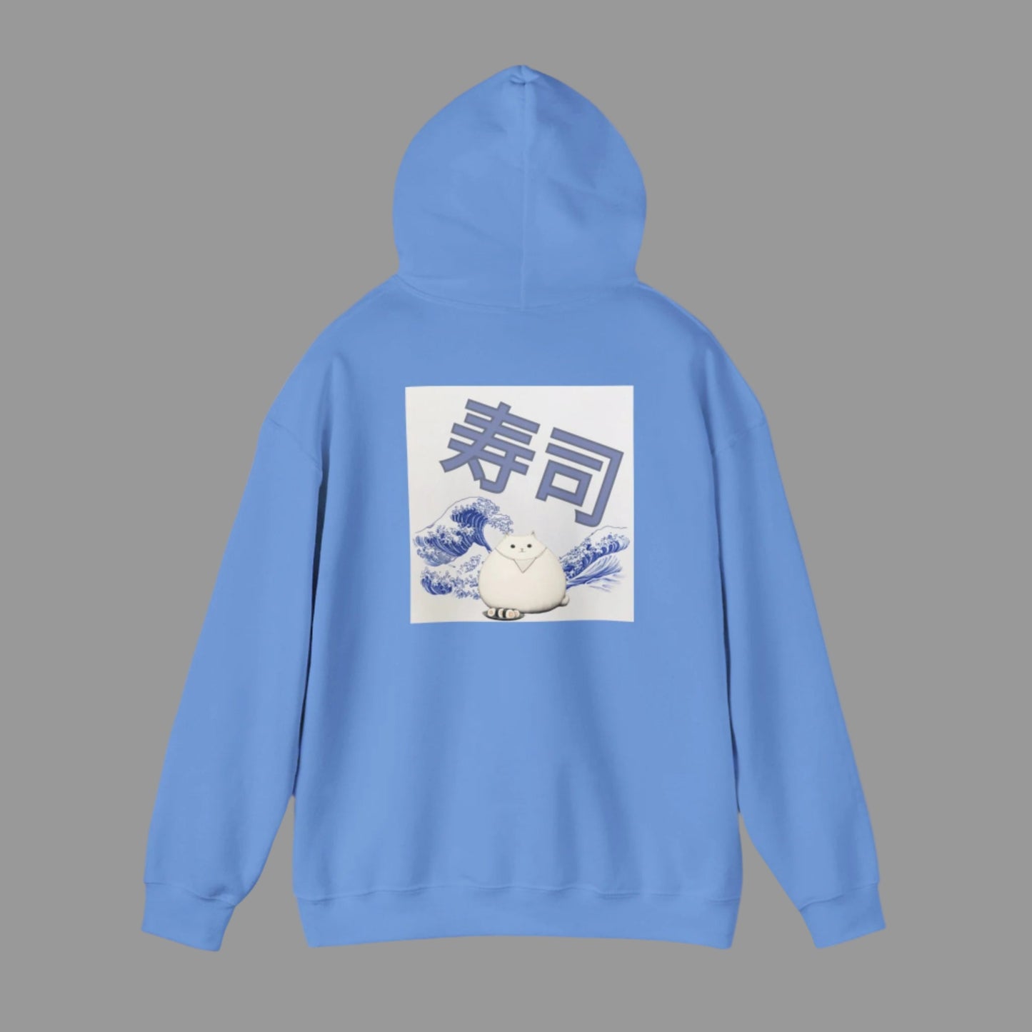 A person wearing a white hoodie with a graphic print of a cat and Japanese characters on the back.