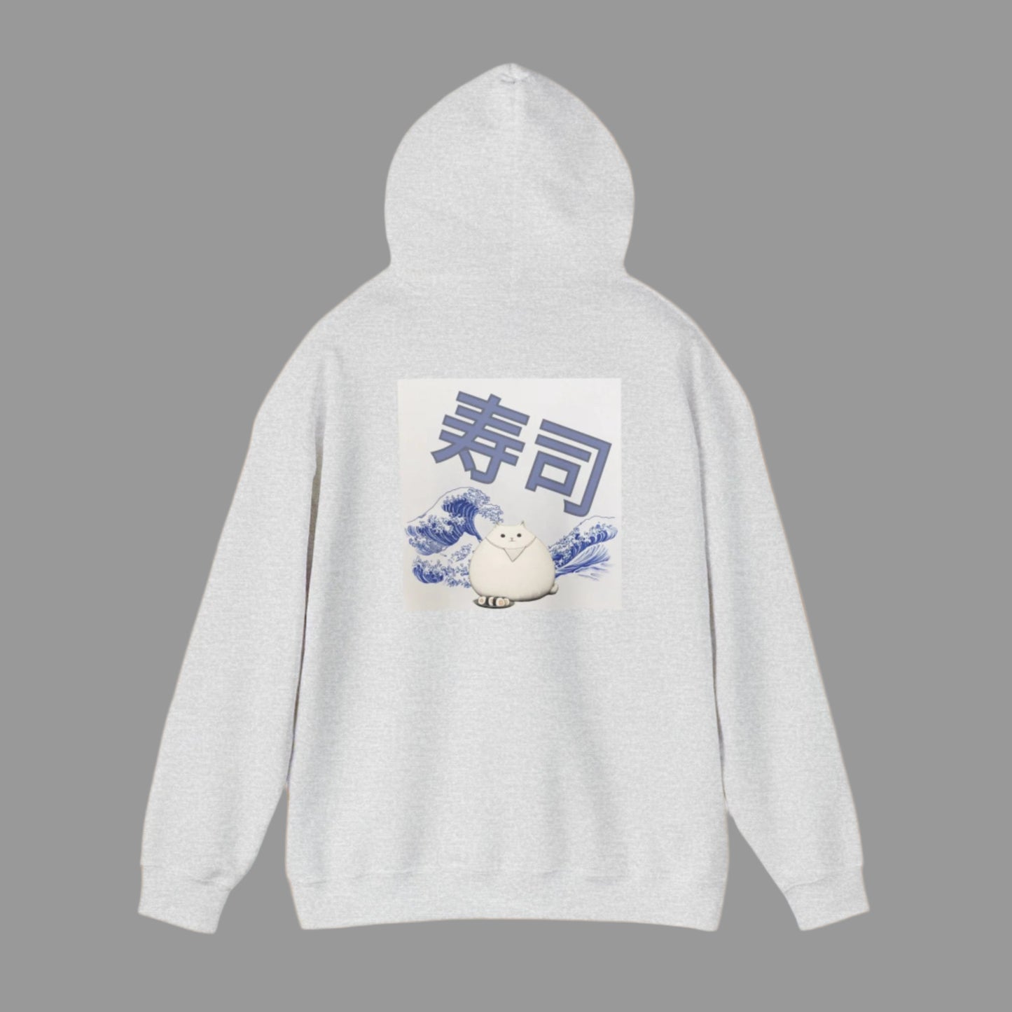 A person wearing a white hoodie with a graphic print of a cat and Japanese characters on the back.