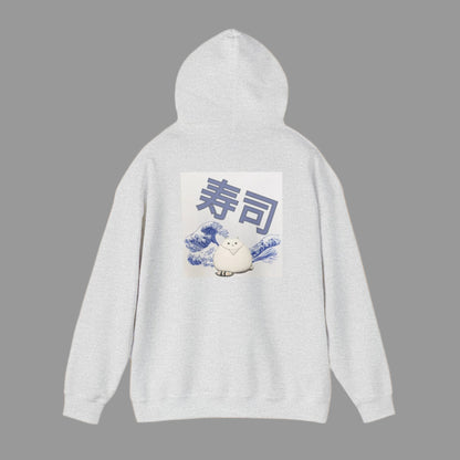 A person wearing a white hoodie with a graphic print of a cat and Japanese characters on the back.
