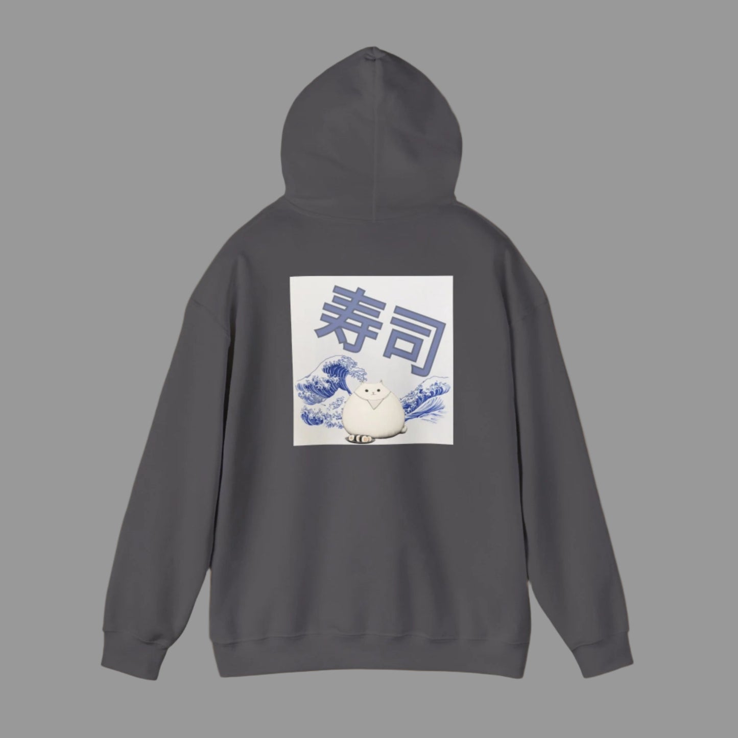 A person wearing a white hoodie with a graphic print of a cat and Japanese characters on the back.