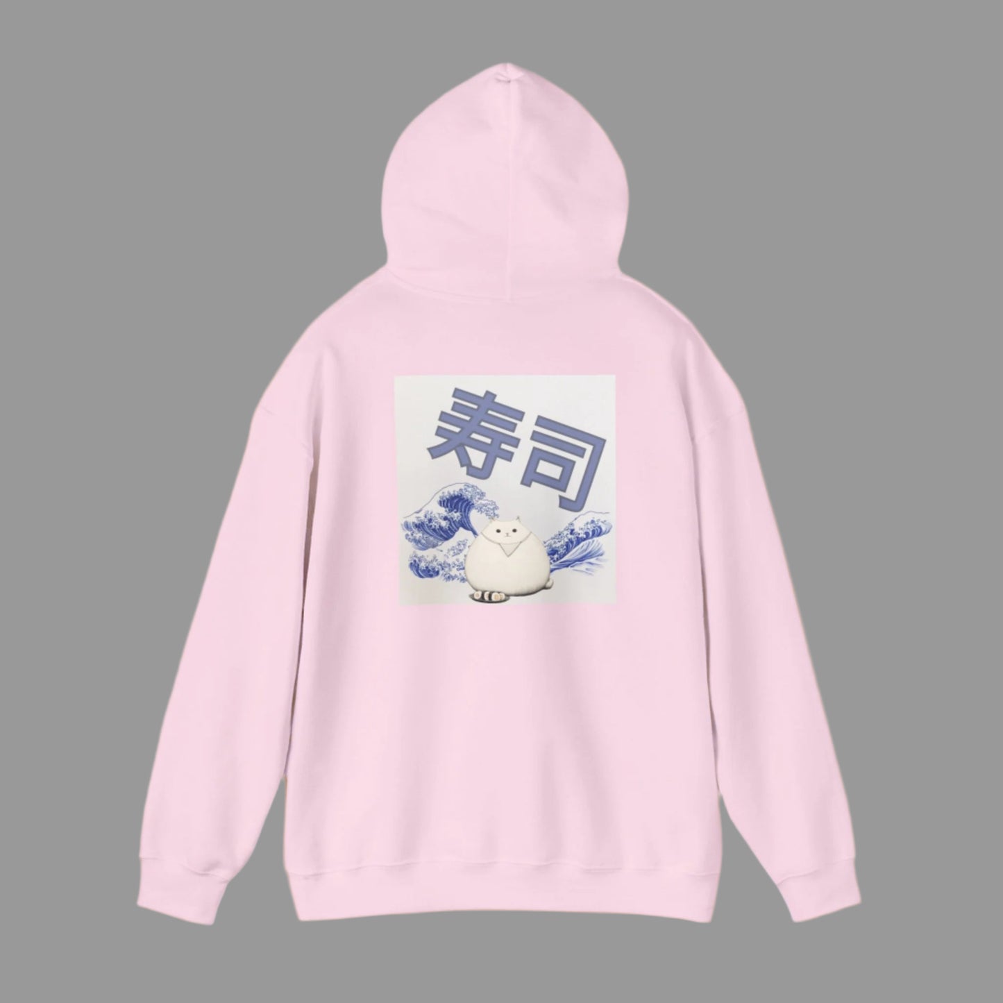 A person wearing a white hoodie with a graphic print of a cat and Japanese characters on the back.