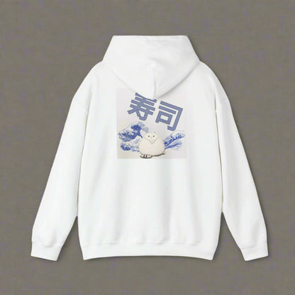 A person wearing a white hoodie with a graphic print of a cat and Japanese characters on the back.
