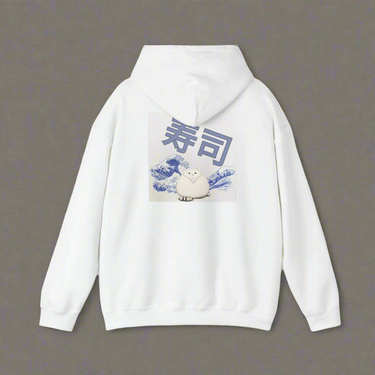 A person wearing a white hoodie with a graphic print of a cat and Japanese characters on the back.