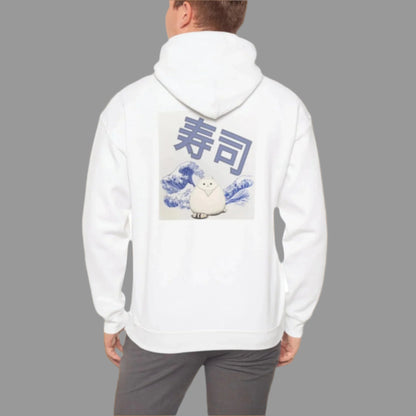 A person wearing a white hoodie with a graphic print of a cat and Japanese characters on the back.