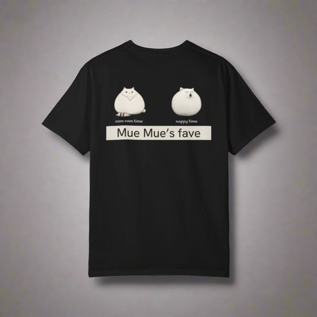 Black t-shirt with white graphics and text on a white background