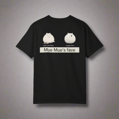 Black t-shirt with white graphics and text on a white background