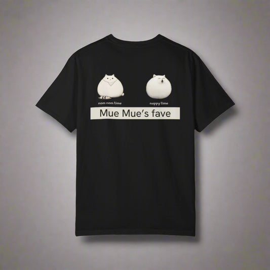 Black t-shirt with white graphics and text on a white background