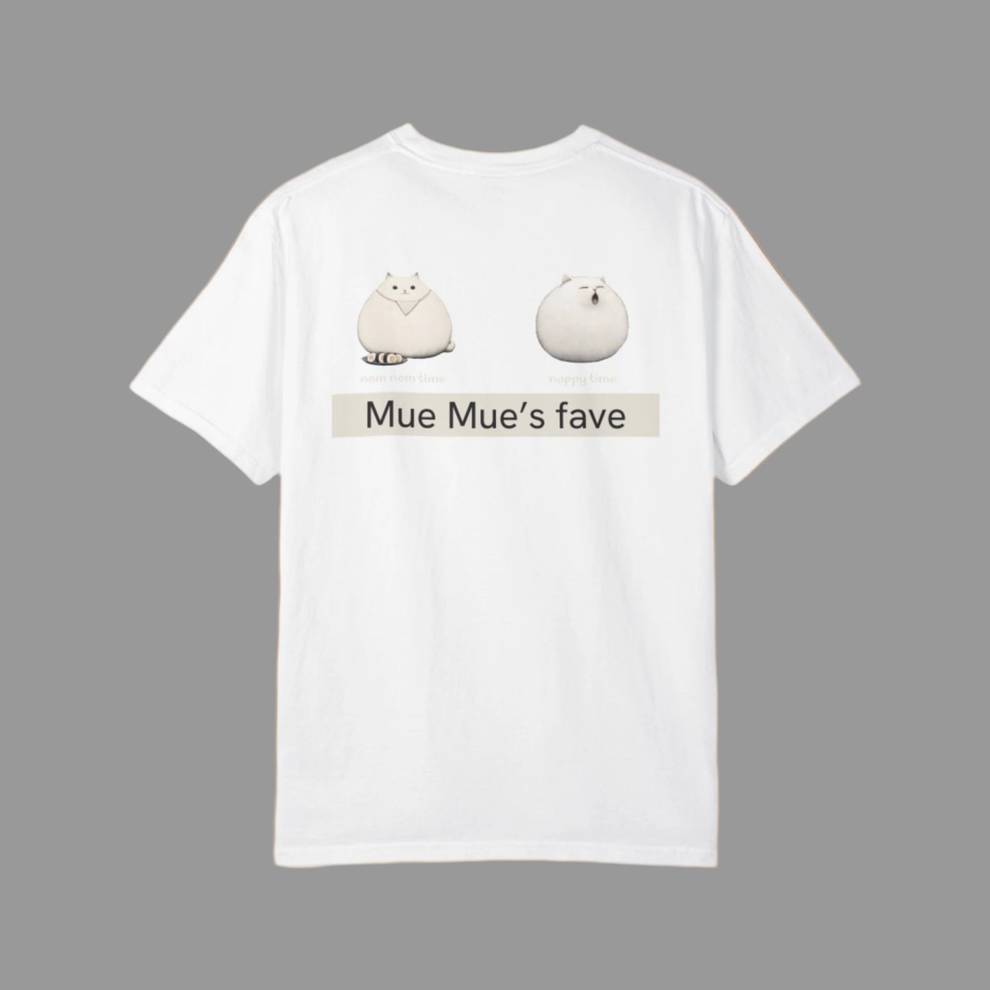 White t-shirt with cartoon characters and text on a white background