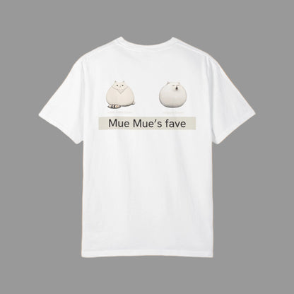 White t-shirt with cartoon characters and text on a white background