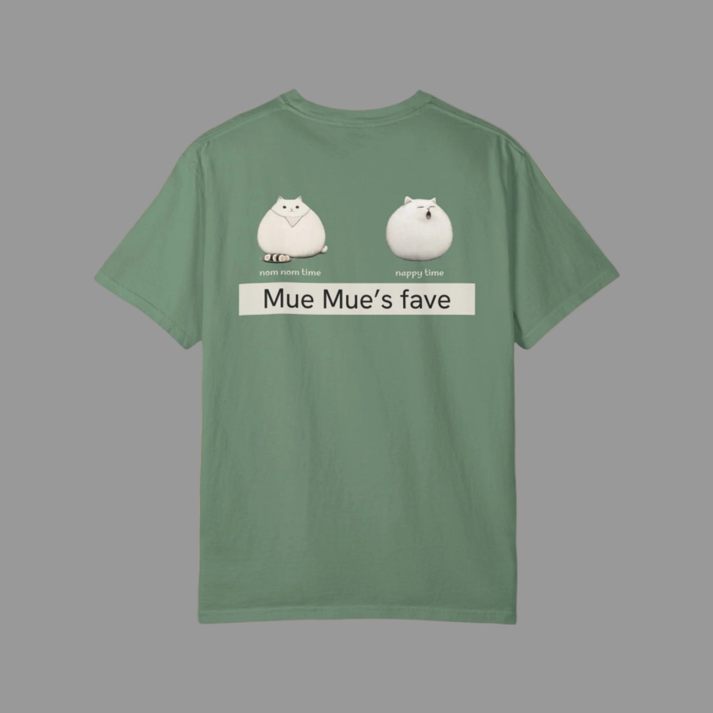 Green t-shirt with cartoon characters and text on a white background