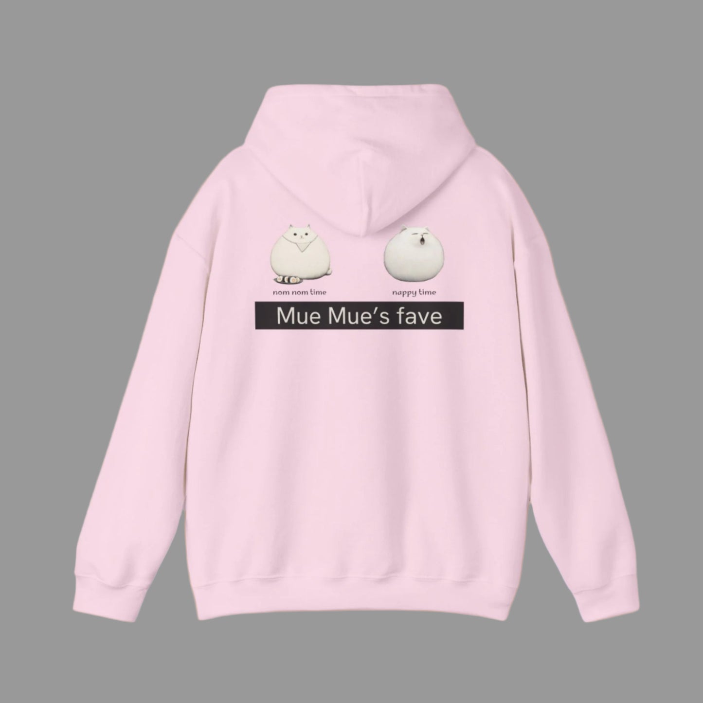A person wearing a white hoodie with a graphic design on the back, featuring two cartoon cats and the text 'Mue Mue's fave'.