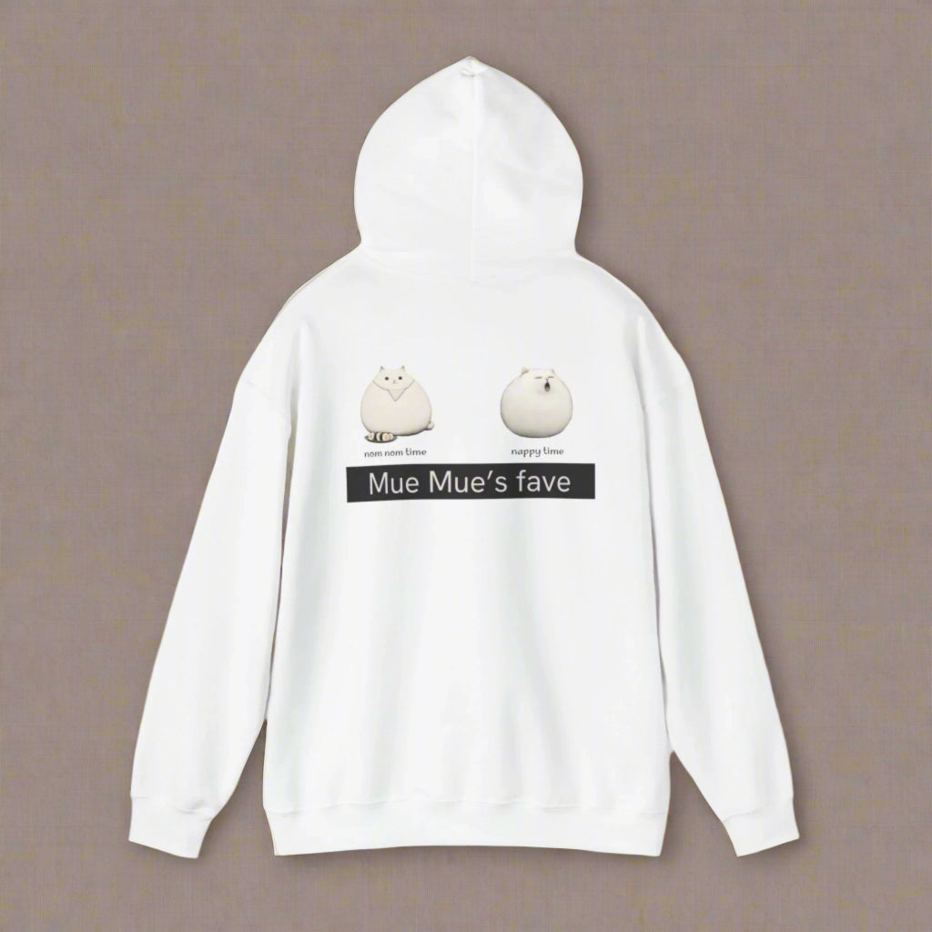 A person wearing a white hoodie with a graphic design on the back, featuring two cartoon cats and the text 'Mue Mue's fave'.