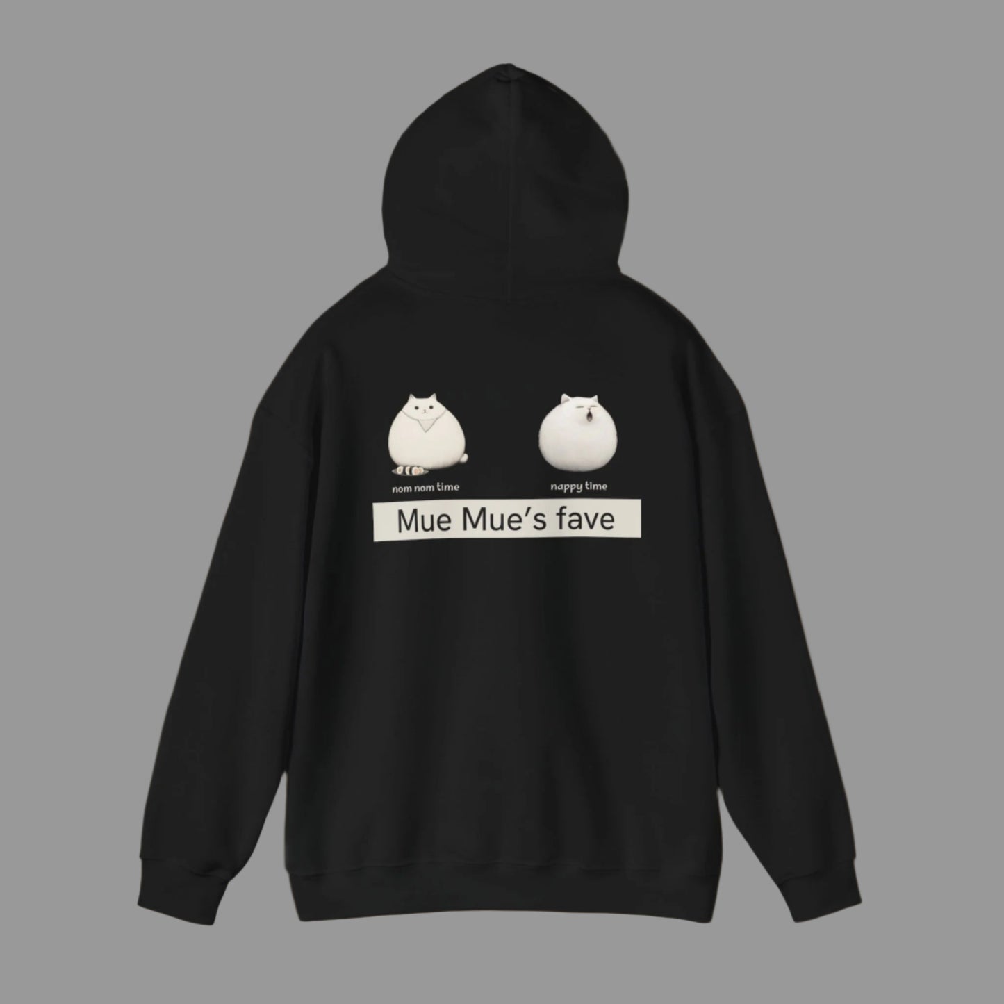 Black hoodie with cartoon cats and text on a white background