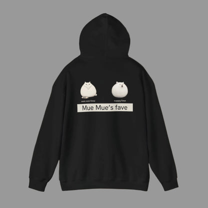 Black hoodie with cartoon cats and text on a white background