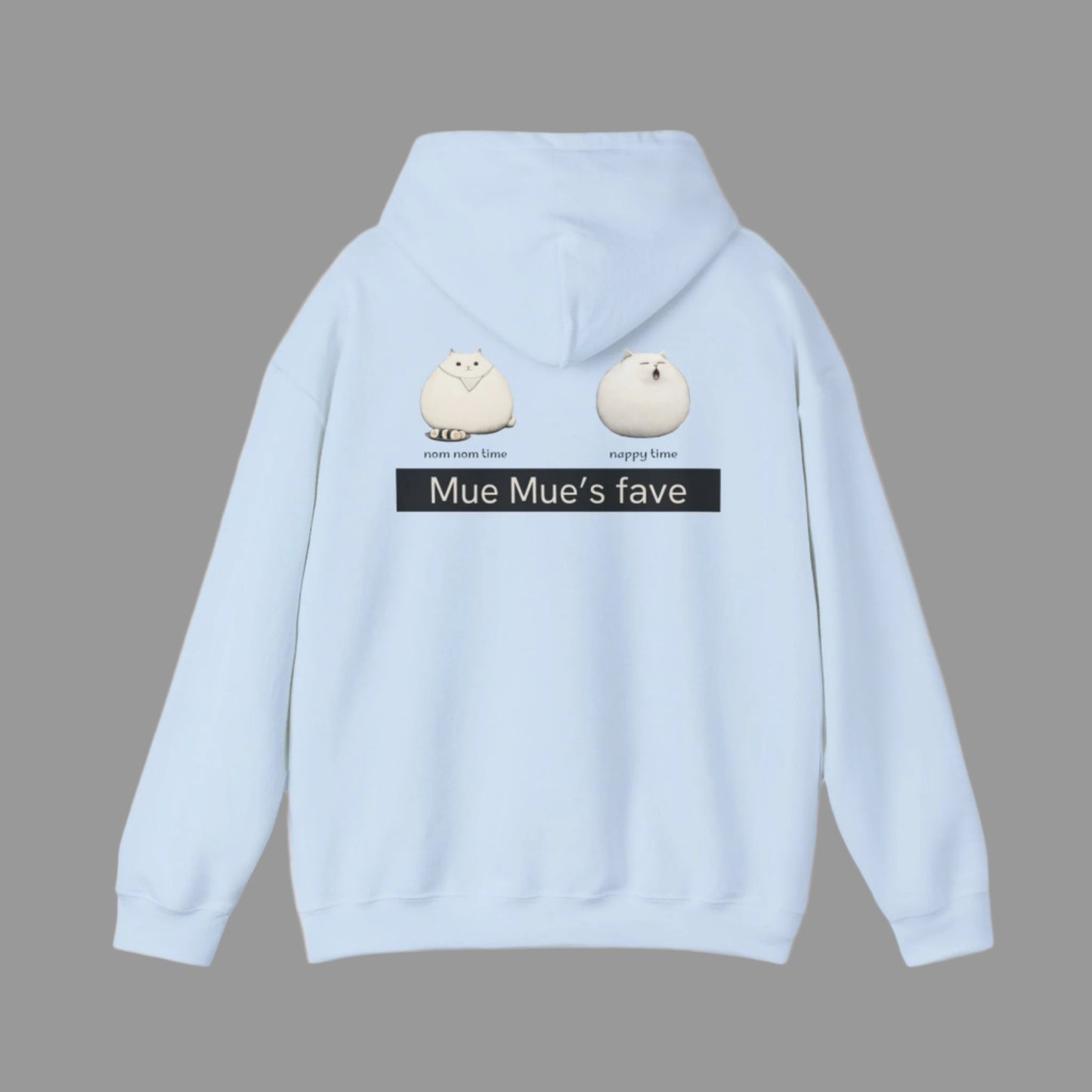 A person wearing a white hoodie with a graphic design on the back, featuring two cartoon cats and the text 'Mue Mue's fave'.
