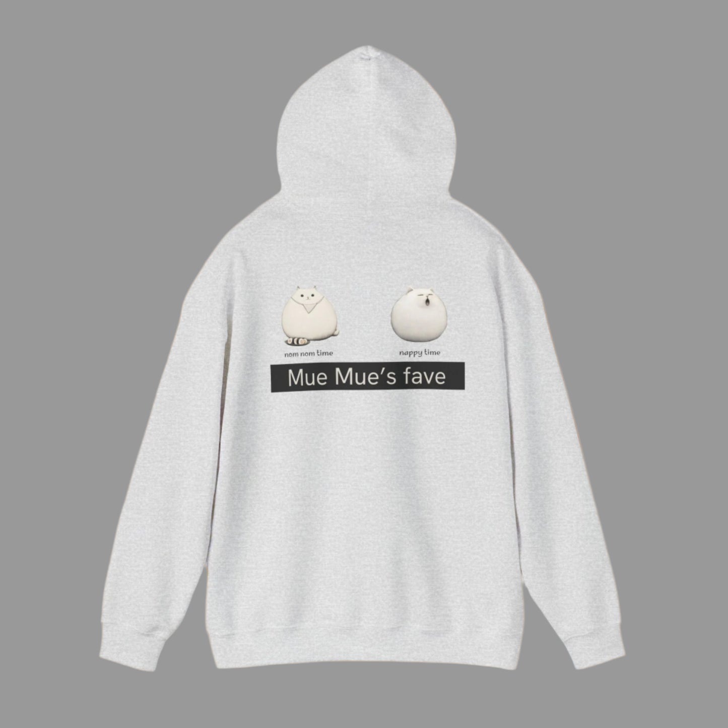 A person wearing a white hoodie with a graphic design on the back, featuring two cartoon cats and the text 'Mue Mue's fave'.