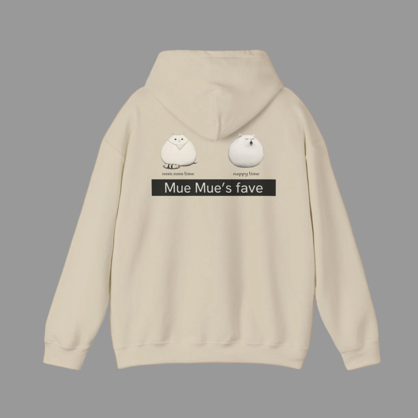 A person wearing a white hoodie with a graphic design on the back, featuring two cartoon cats and the text 'Mue Mue's fave'.