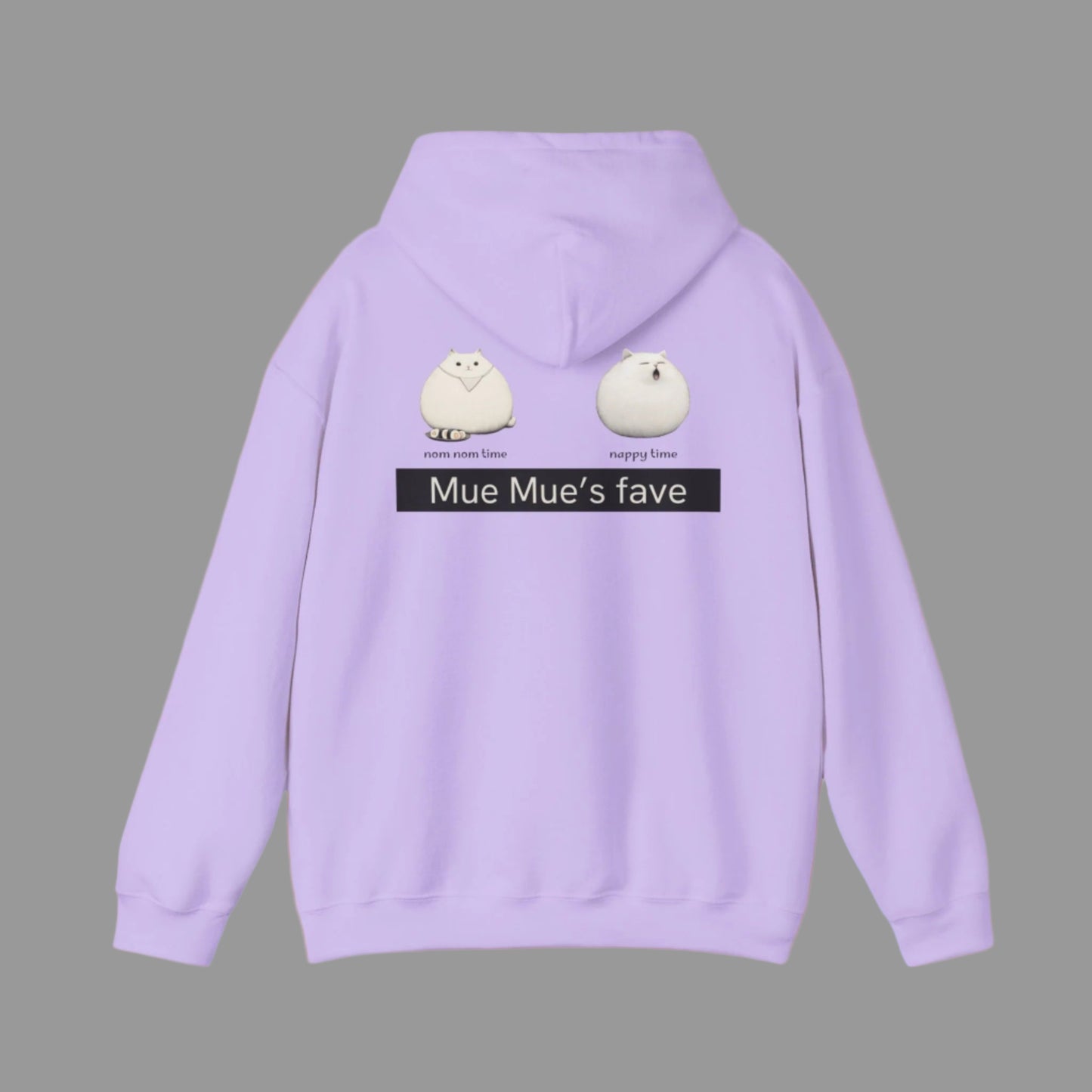 A person wearing a white hoodie with a graphic design on the back, featuring two cartoon cats and the text 'Mue Mue's fave'.