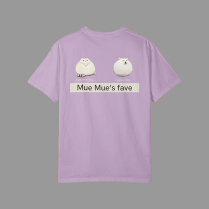 Purple t-shirt with cartoon characters and text on a white background