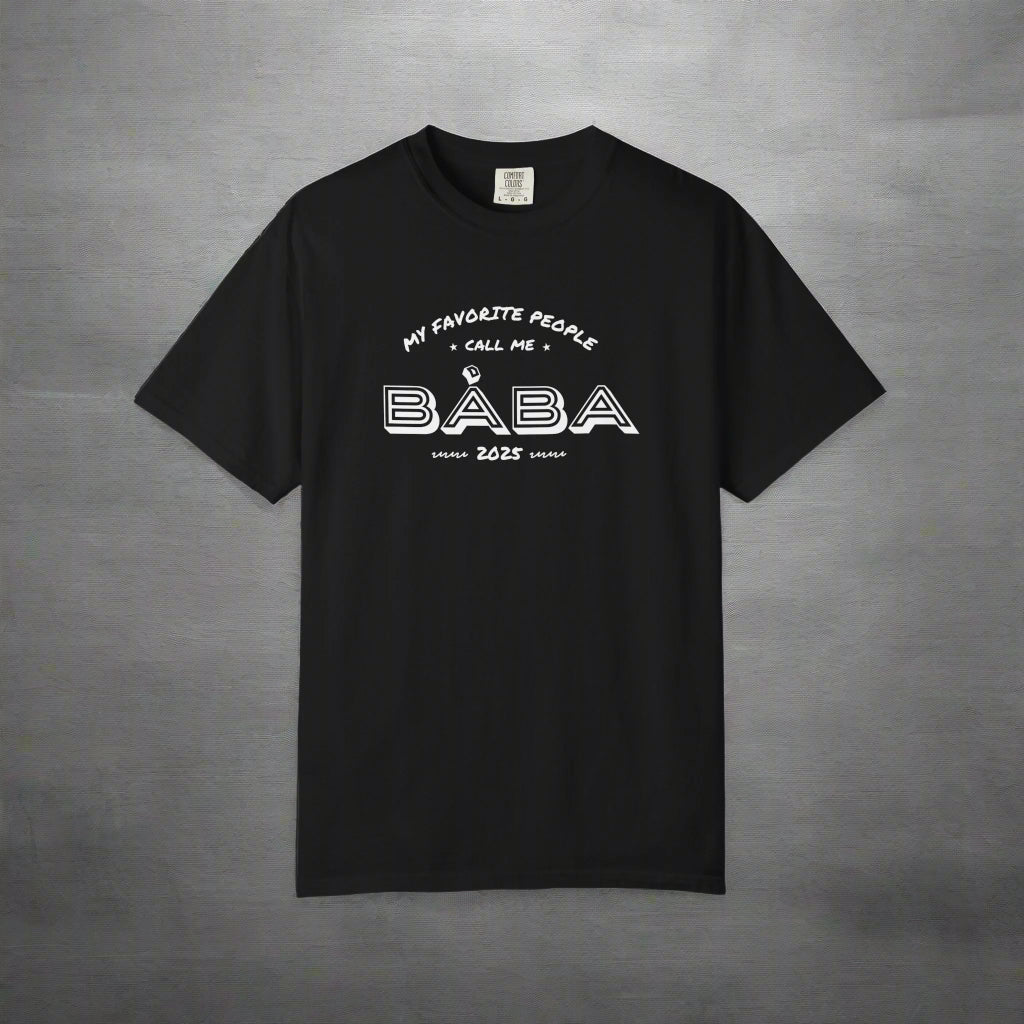 Black t-shirt with white text on a white background