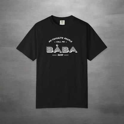 Black t-shirt with white text on a white background