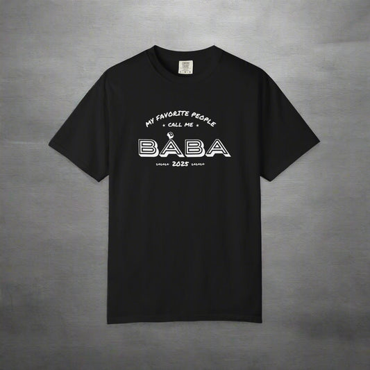 Black t-shirt with white text on a white background