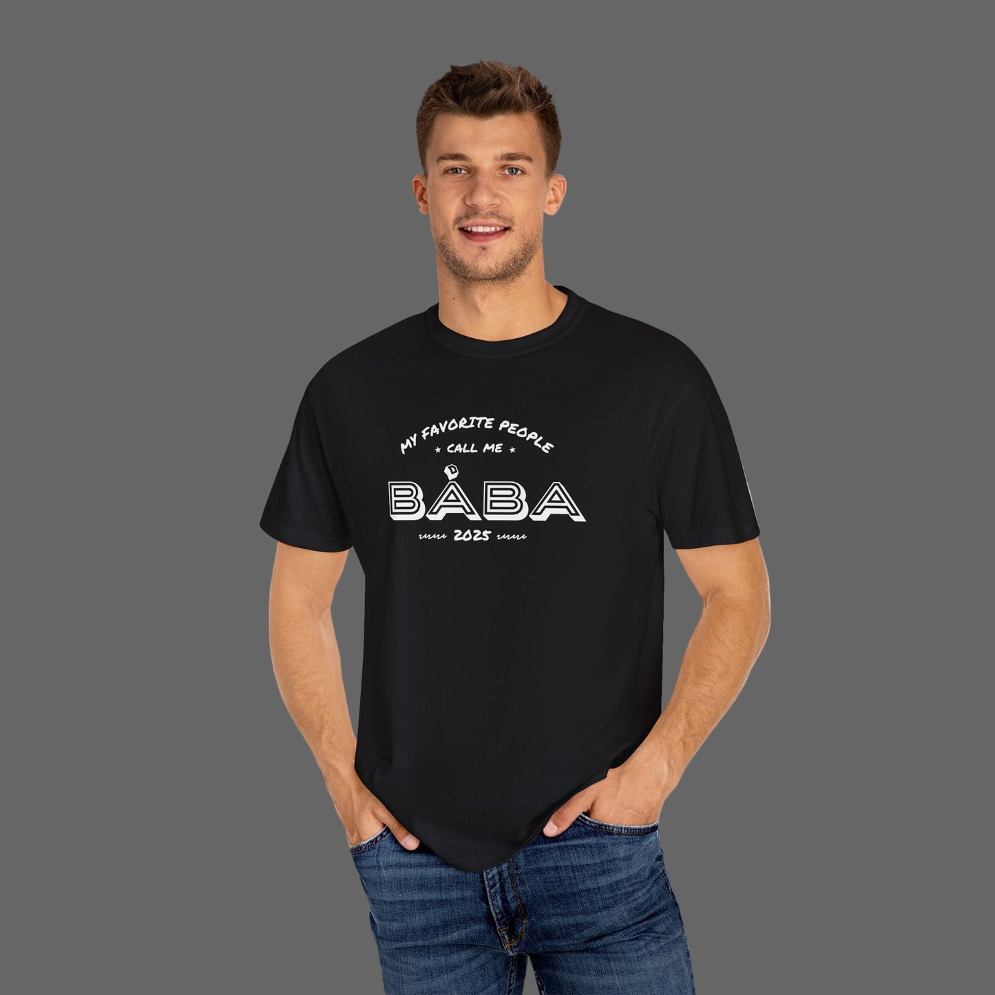 Man wearing a black t-shirt with text design on a white background