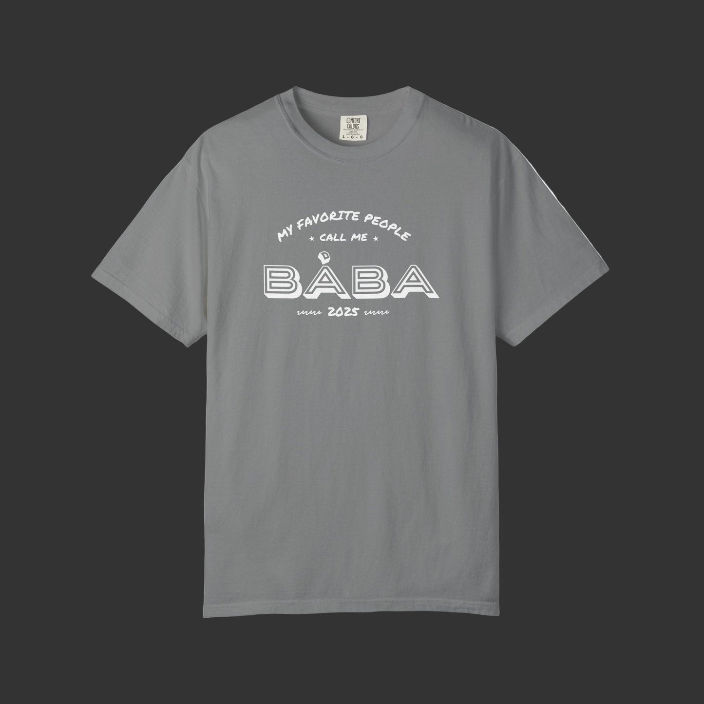 Gray t-shirt with white text on a white background