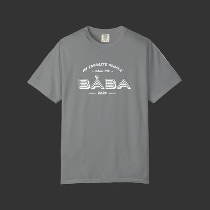 Gray t-shirt with white text on a white background