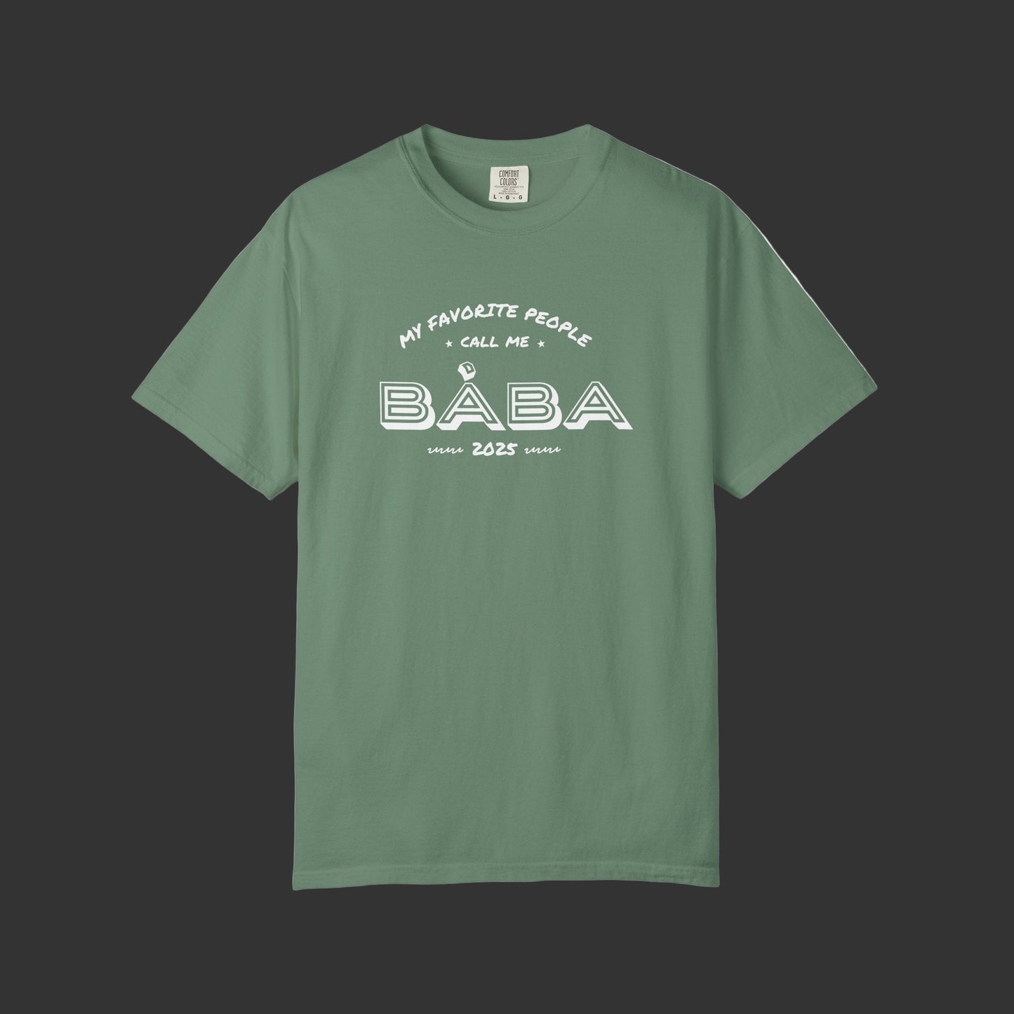 Green t-shirt with white text on a white background