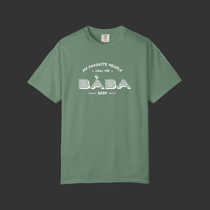Green t-shirt with white text on a white background