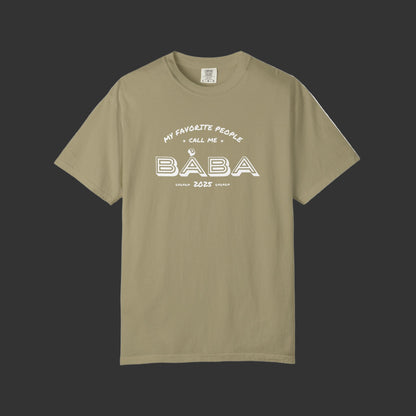 Beige t-shirt with white text on a white background