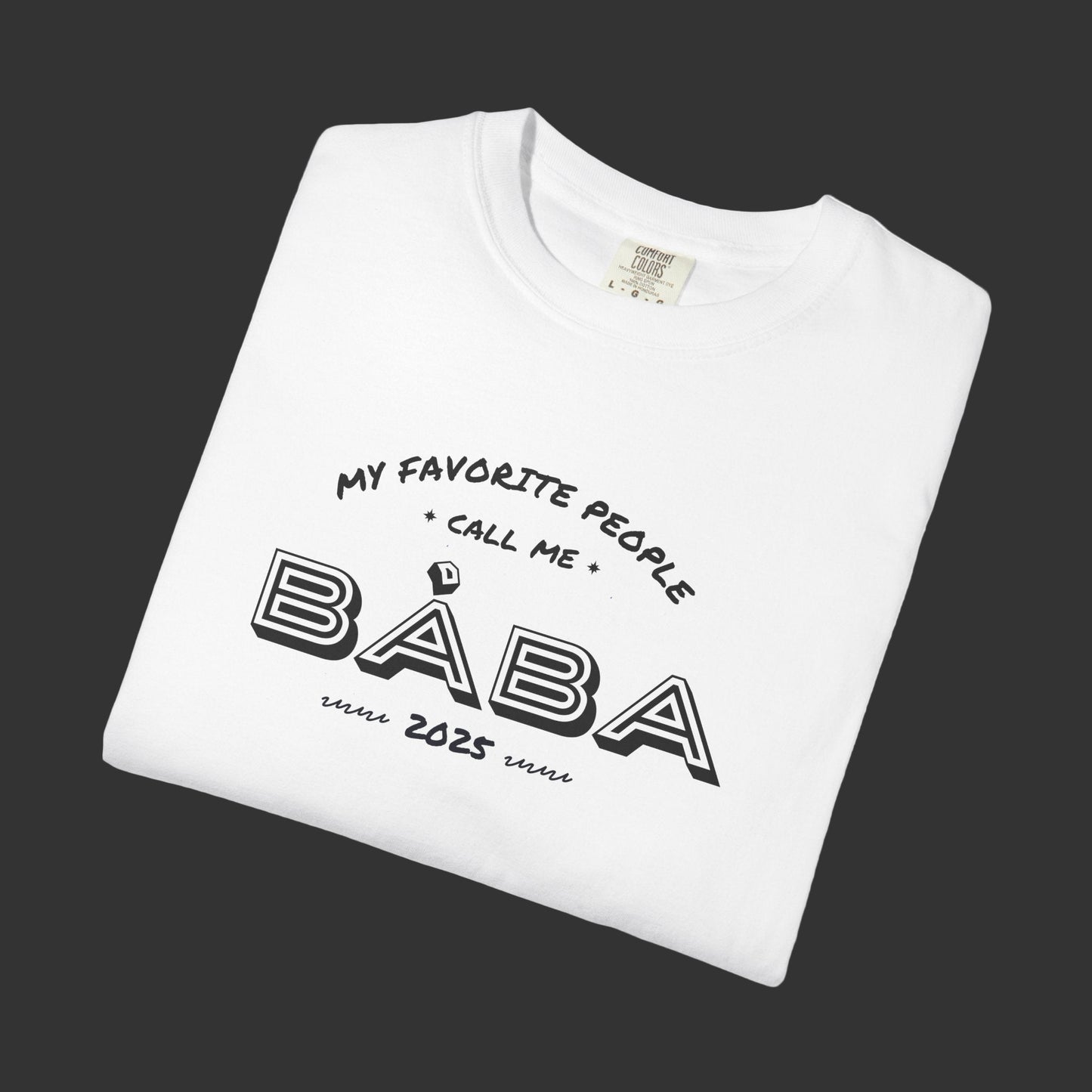 White t-shirt with black text on a white background
