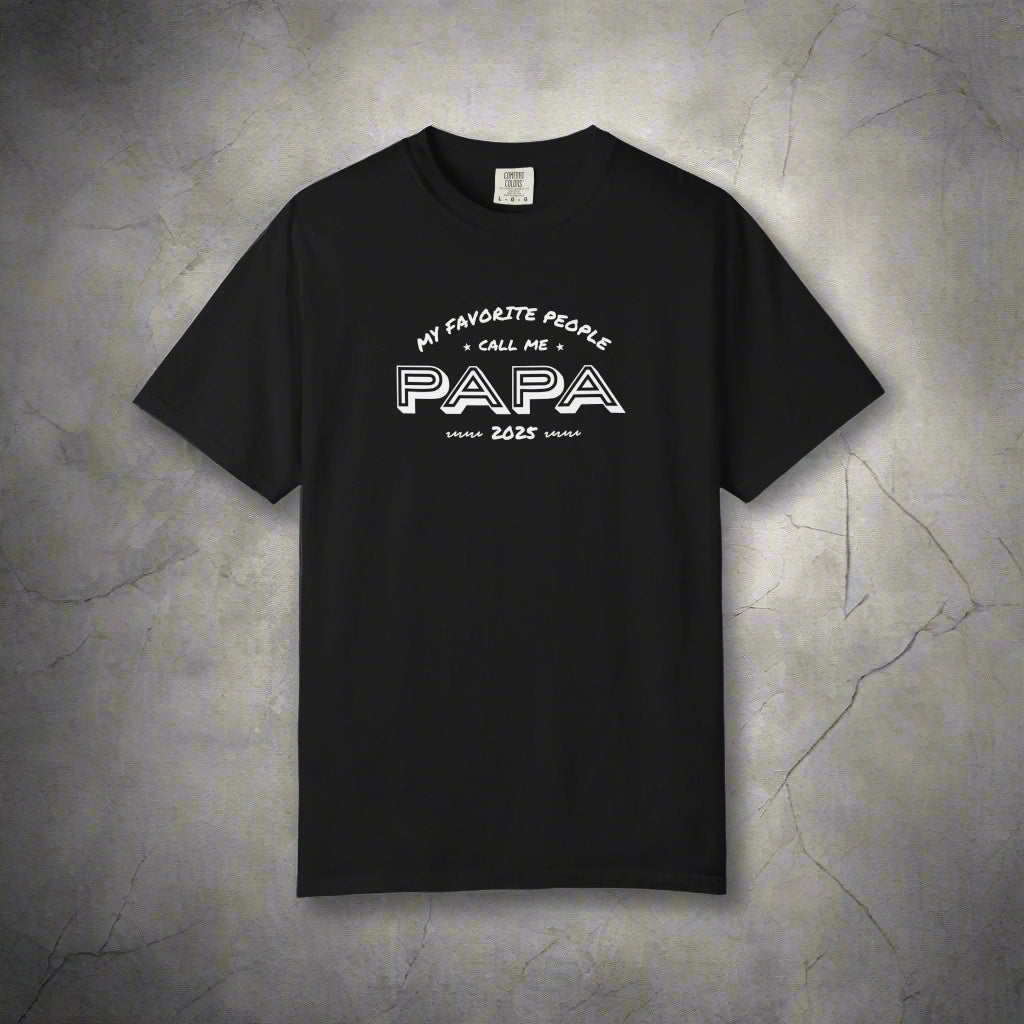 Black t-shirt with white text on a white background