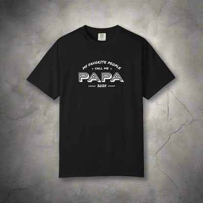 Black t-shirt with white text on a white background