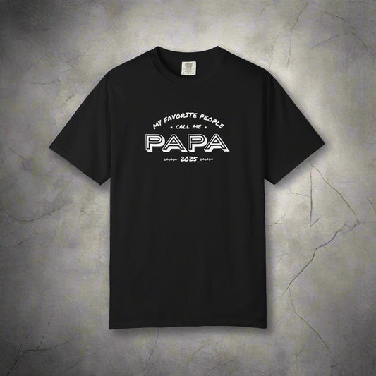 Black t-shirt with white text on a white background