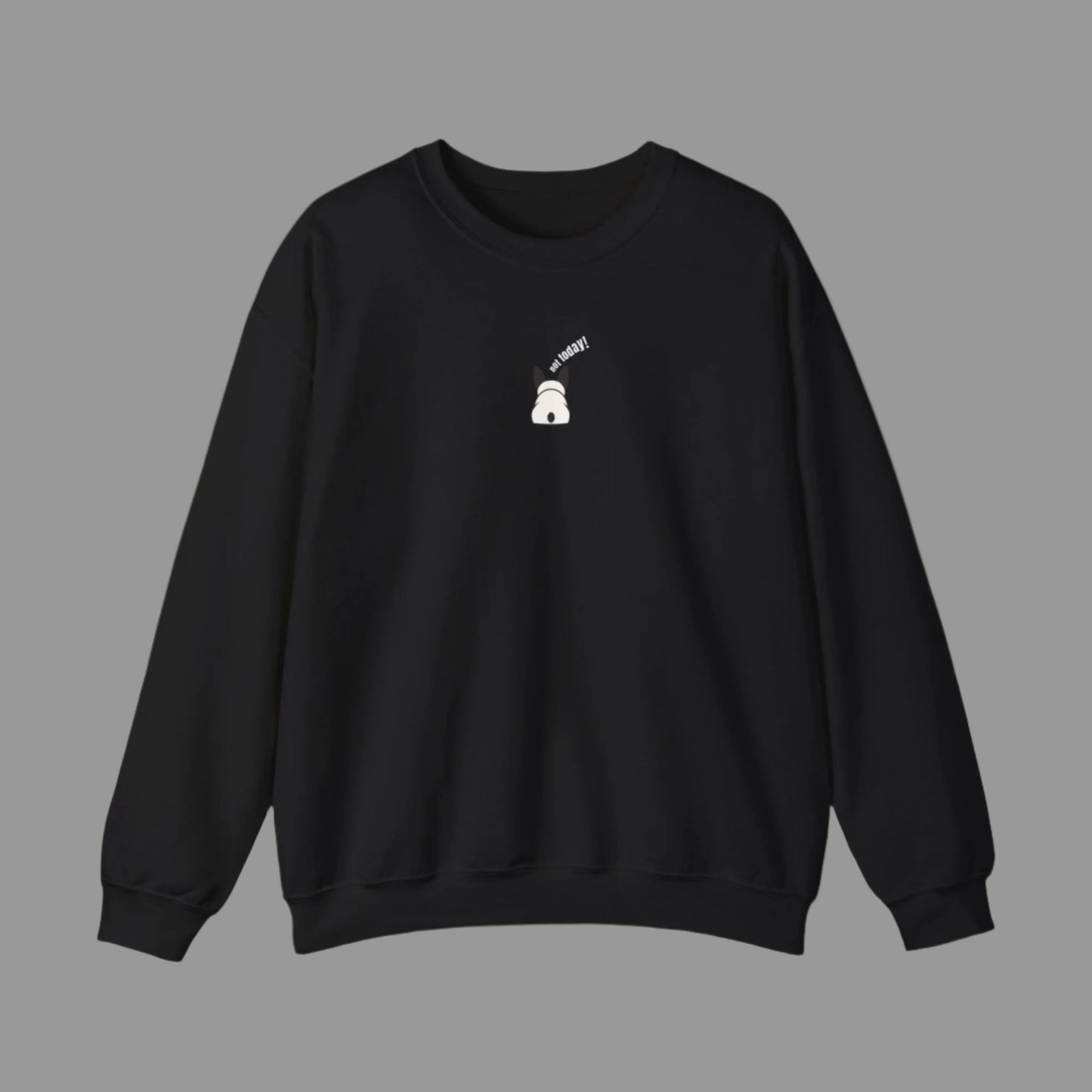 Black sweatshirt with a small white graphic on the chest against a white background