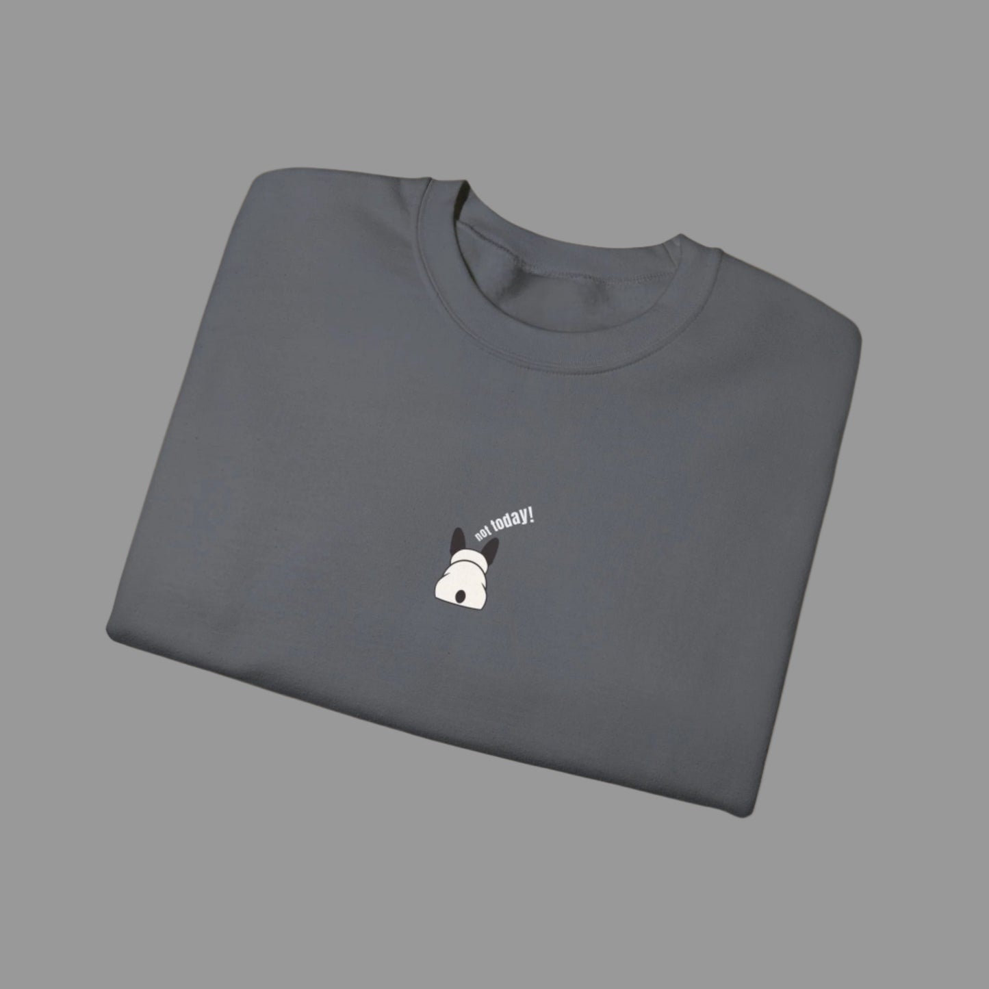 Folded gray sweatshirt with a small white graphic and text on a white background
