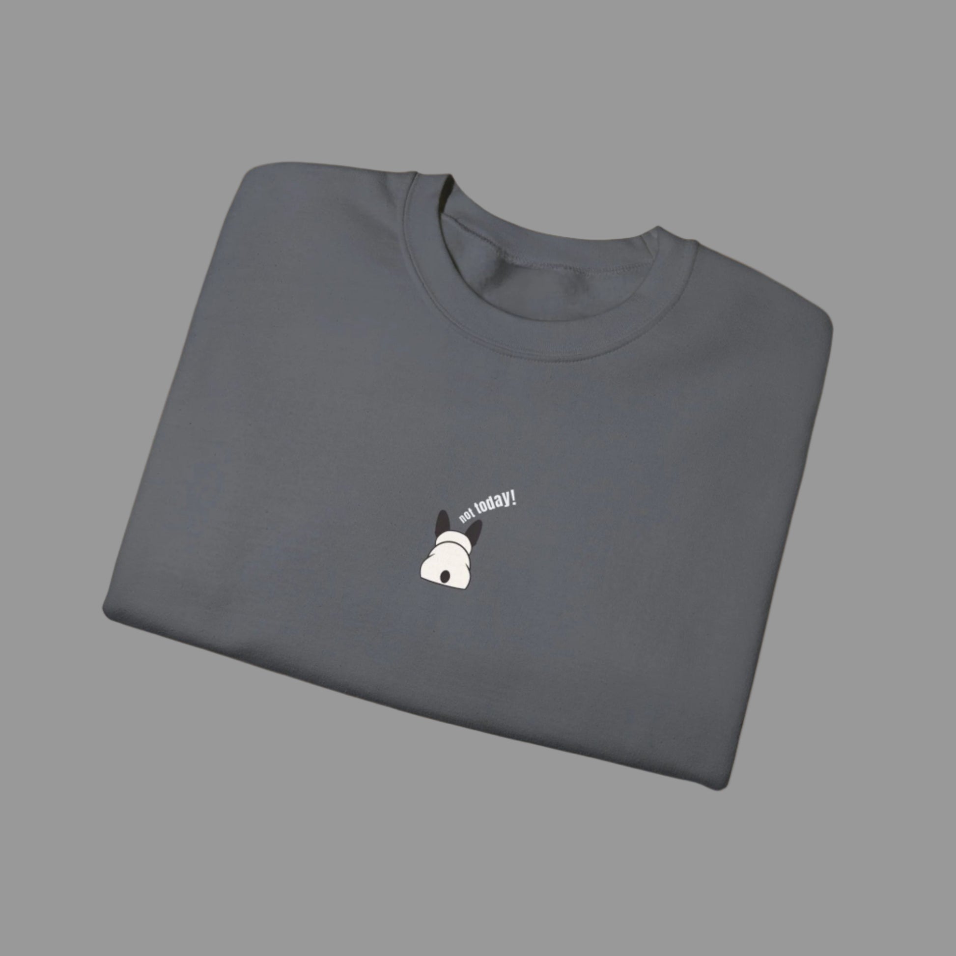 Folded gray sweatshirt with a small white graphic and text on a white background