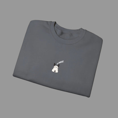 Folded gray sweatshirt with a small white graphic and text on a white background