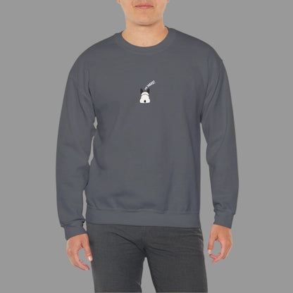 Man wearing a gray sweatshirt with a small graphic on a white background