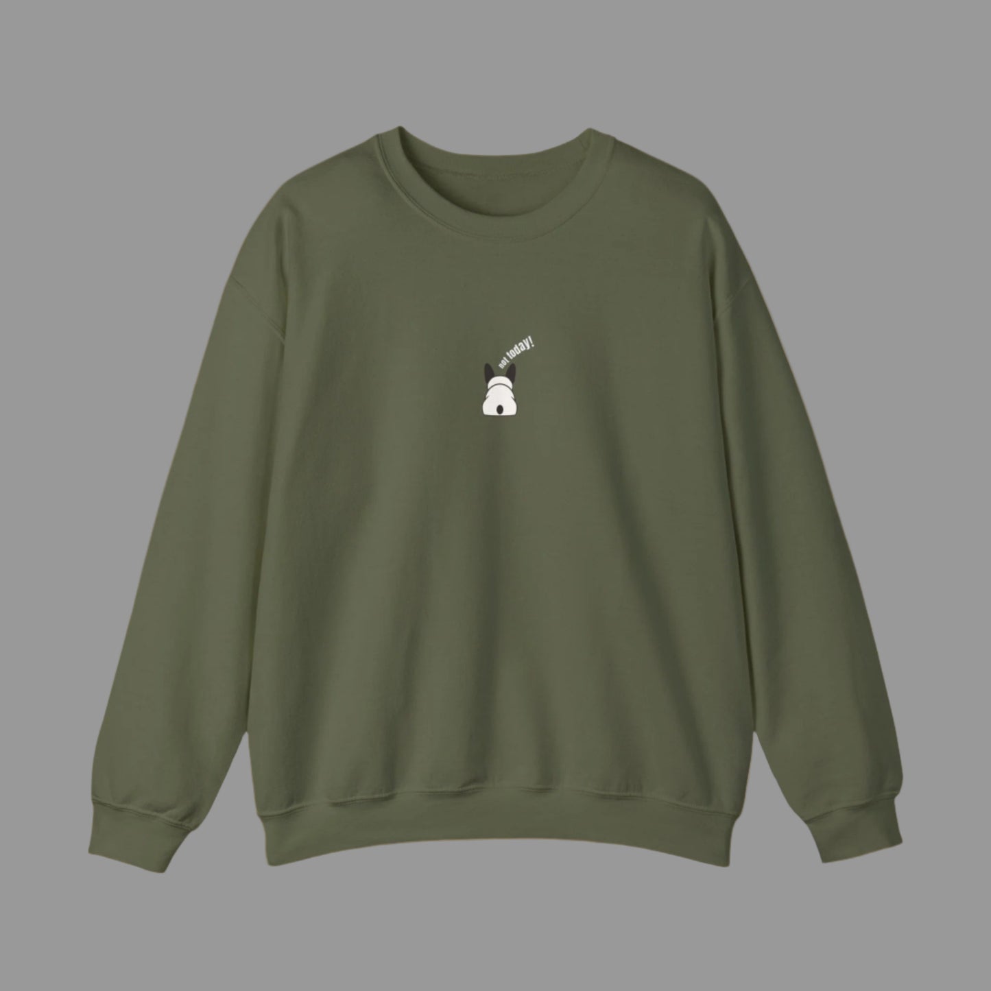 Green sweatshirt with a small white graphic on a white background