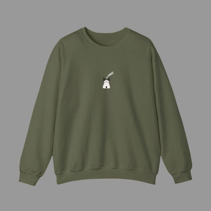 Green sweatshirt with a small white graphic on a white background