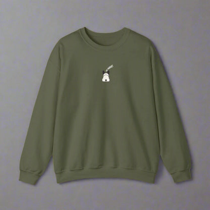 Green sweatshirt with a small white logo on a white background