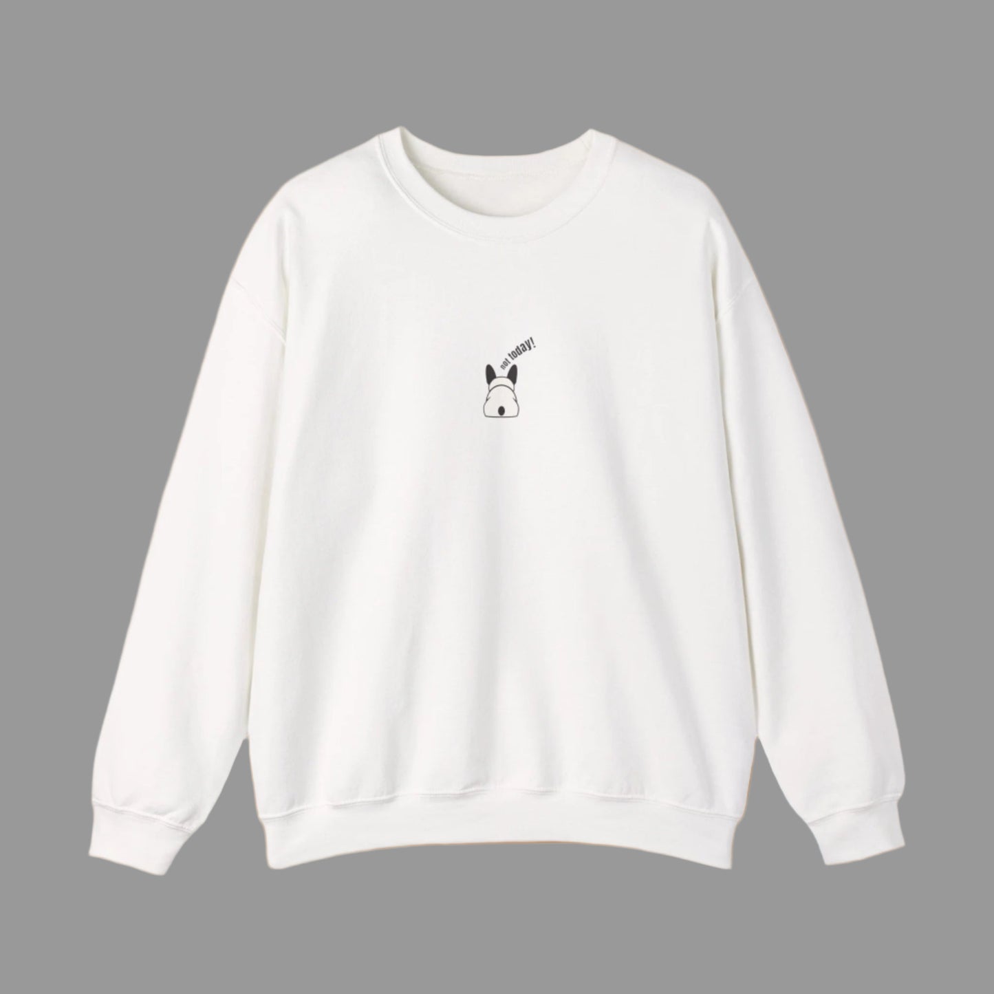 White sweatshirt with a small black graphic on a white background