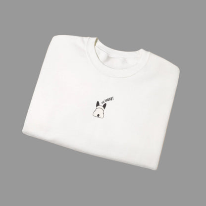 White t-shirt with a small graphic and text on a white background