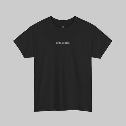 Black t-shirt with white text on a white background