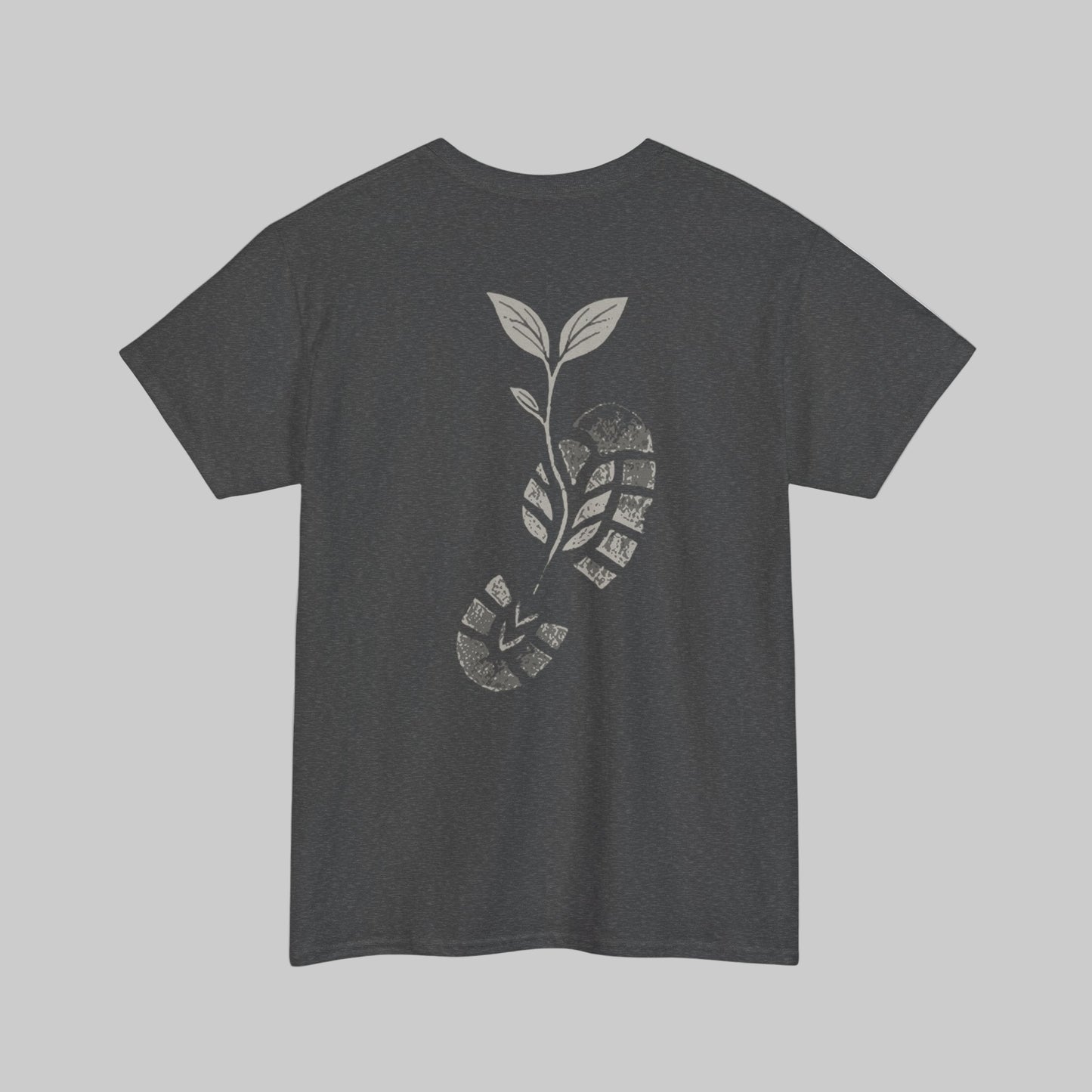 Dark gray t-shirt with a white graphic design on the back against a white background